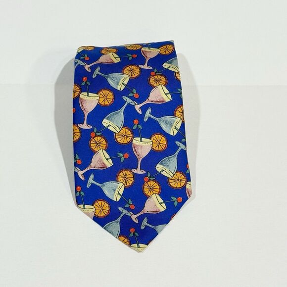 Kenneth Gordon Tie Silk Cocktail Martini Drinks Print Blue Wide 4” Italy Vintage - Picture 10 of 10